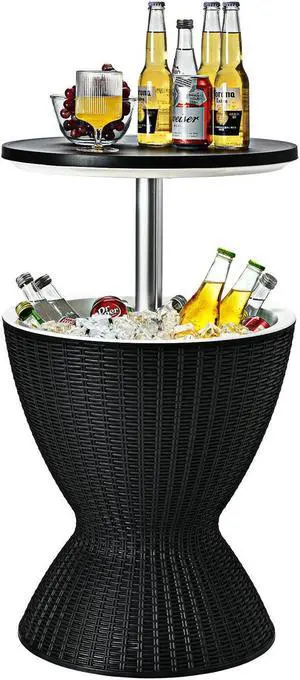 SlickBlue 3 in 1 8 Gallon Patio Rattan Cooler Bar Table with Adjust Ice Bucket