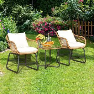 SlickBlue 3-Piece Patio Bistro Set with 2 Rattan Chairs and Square Glass Coffee Table-White