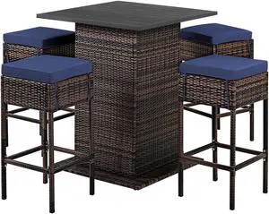 SlickBlue 5 Pieces Patio Rattan Bar Table Stool Set Hidden Storage Shelf Cushioned