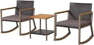 SlickBlue 3 Pieces Rattan Rocking Bistro Set with Coffee Table and Cushions