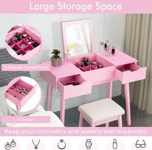SlickBlue Makeup Vanity Table Set with Flip Top Mirror and 2 Drawers