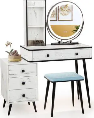 SlickBlue Vanity Table Set with 3-Color Lighted Mirror and Cushioned Stool