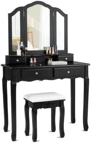 SlickBlue Tri Folding Mirror Vanity Table Stool Set with 4 Drawers and Cushioned Stool