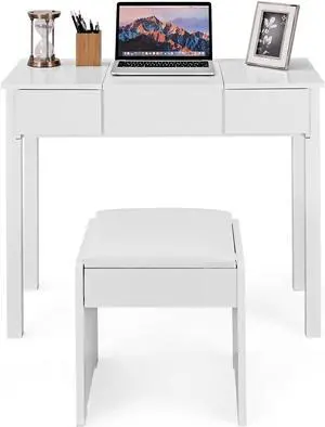 SlickBlue Vanity Makeup Dressing Table Set with Flip Top Mirror and Cushioned Stool-White