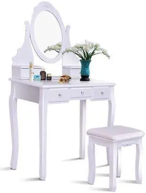 SlickBlue Wooden Vanity Set with 360Â° Rotating Oval Mirror and Cushioned Stool