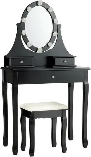 SlickBlue 3 Drawers Lighted Mirror Vanity Dressing Table Stool Set-Black