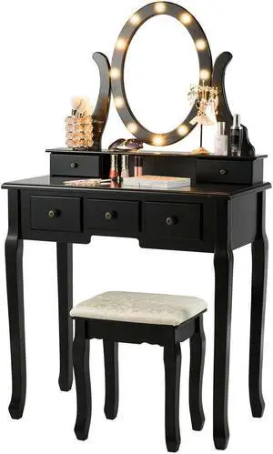 SlickBlue 5 Drawers Vanity Table Stool Set with 12-LED Bulbs-Black