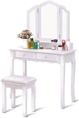 SlickBlue Tri Folding Mirror Vanity Table Stool Set with 4 Drawers and Cushioned Stool