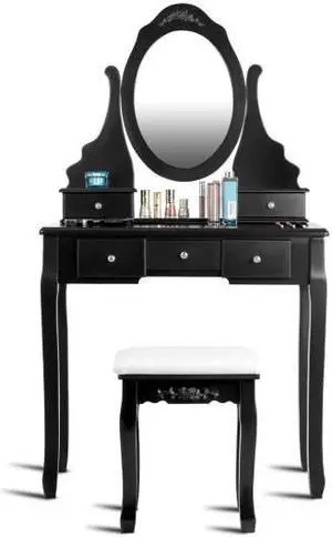 SlickBlue Wooden Vanity Set with 360Â° Rotating Oval Mirror and Cushioned Stool
