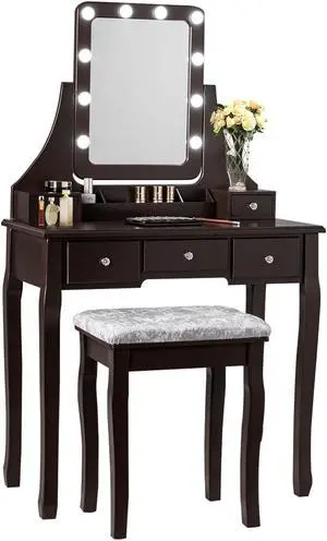 SlickBlue Vanity Dressing Table Set with 10 Dimmable Bulbs and Cushioned Stool