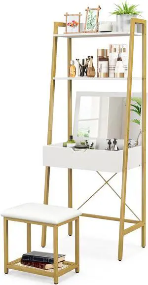SlickBlue Ladder Vanity Desk Set with Flip Top Mirror and Cushioned Stool