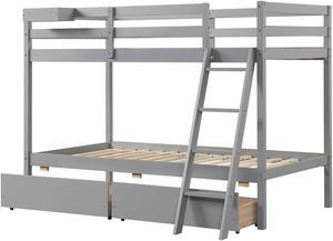 SlickBlue Twin Over Twin Bunk Bed Wood Bed Frame with 2 Storage Drawers and Ladder