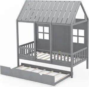 SlickBlue Twin Size Bed Frame House Bed with Trundle and 82 Inch Tall Roof