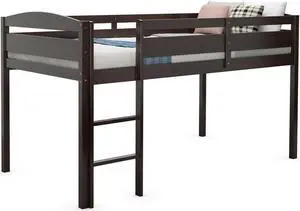 SlickBlue Wooden Twin Low Loft Bunk Bed with Guard Rail and Ladder-Dark Brown