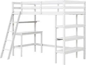 SlickBlue Twin Size Loft Bed with Desk and Bookshelves for Kids and Teens