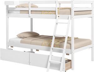 SlickBlue Twin Over Twin Bunk Bed Wood Bed Frame with 2 Storage Drawers and Ladder