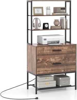 SlickBlue Freestanding File Cabinet with Charging Station and 3-Tier Open Shelves-Rustic Brown