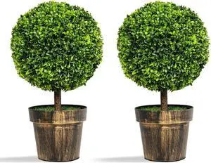 SlickBlue 2 Pieces 24 Inch Artificial Boxwood Topiary Ball Tree for House and Office