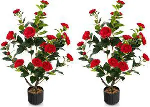SlickBlue 38 Inch Artificial Camellia Tree Faux Flower Plant in Cement Pot 2 Pack