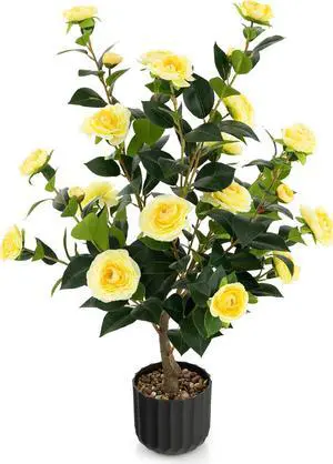 SlickBlue 38 Inch Artificial Camellia Tree Faux Flower Plant in Cement Pot-Yellow