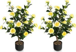 SlickBlue 38 Inch Artificial Camellia Tree Faux Flower Plant in Cement Pot 2 Pack