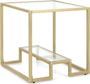 SlickBlue 22 Inch 2-Tier Square Sofa Side Table with Tempered Glass Tabletop-Bronze