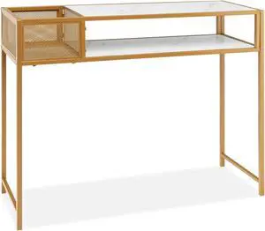 SlickBlue Faux Marble Console Table with Wire Baske for Hallway and Living Room-White