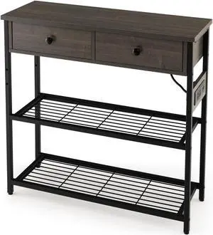SlickBlue Narrow Console Table with 2 Drawers and 2 Metal Mesh Shelves-Gray