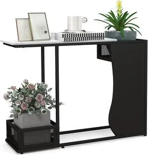 SlickBlue 43.5 Inch Console Table with Plant Position and Faux Marble Top-Black