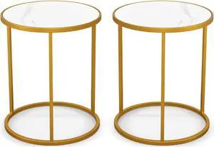 SlickBlue 16 Inch Marble Top Round Side Table with Golden Metal Frame for Living Room Bedroom-Set of 2