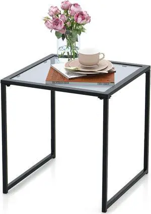SlickBlue Tempered Glass Side Table with Metal Frame for Indoor and Outdoor