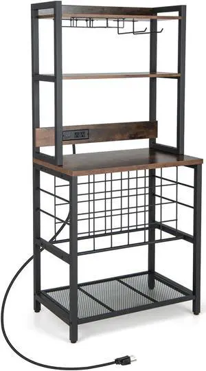 SlickBlue Wine Bar Cabinet Wine Rack with 4 Tier Storage Shelves and Glass Holders-Brown