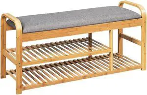 SlickBlue 3-Tier Bamboo Shoe Rack Bench with Cushion-Natural