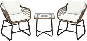 SlickBlue 3 Pieces Patio Rattan Bistro Set Cushioned Chair Glass Table Deck