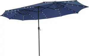 SlickBlue 15 Feet Twin Patio Umbrella with 48 Solar LED Lights-Navy