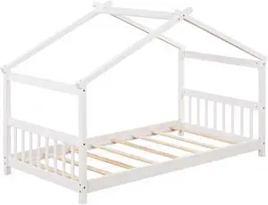 SlickBlue Twin Size Wooden House Bed with Roof