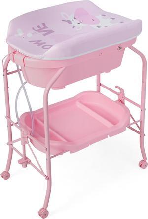 SlickBlue Folding Baby Changing Table with Bathtub and 4 Universal Wheels
