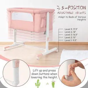 SlickBlue Portable Baby Bedside Bassinet with 5-level Adjustable Heights and Travel Bag-Pink