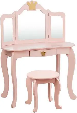 SlickBlue Kids Makeup Dressing Table with Tri-folding Mirror and Stool