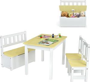 SlickBlue 4 Pieces Kids Wooden Activity Table and Chairs Set with Storage Bench and Study Desk-Natural