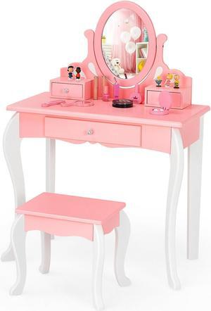 SlickBlue Kids Vanity Princess Makeup Dressing Table Stool Set with Mirror and Drawer
