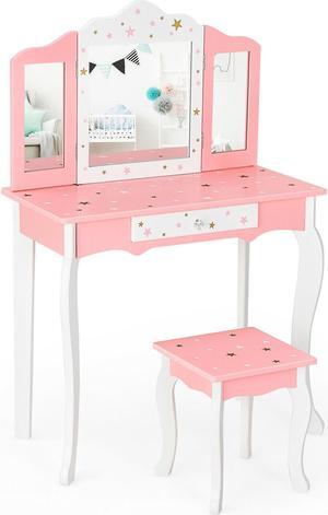 SlickBlue Kids Princess Vanity Table and Stool Set with Tri-folding Mirror and Drawer