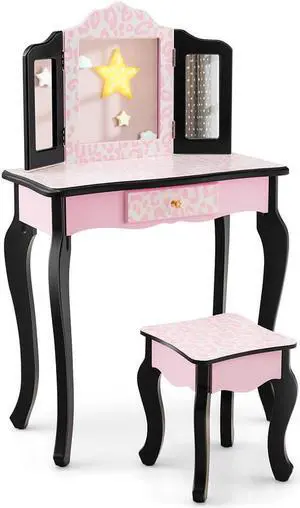 SlickBlue Kid Vanity Set with Tri-Folding Mirror and Leopard Print-Pink
