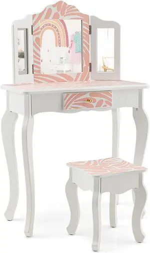 SlickBlue 2-in-1 Kids Vanity Table Set with Tri-folding Mirror-Pink