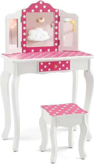 SlickBlue Kids Vanity Table and Stool Set with Cute Polka Dot Print-Pink