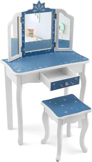 SlickBlue Princess Vanity Table and Chair Set with Tri-Folding Mirror and Snowflake Print