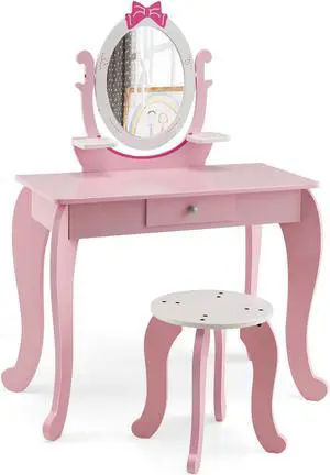 SlickBlue Kid Vanity Table Stool Set with Oval Rotatable Mirror-Pink