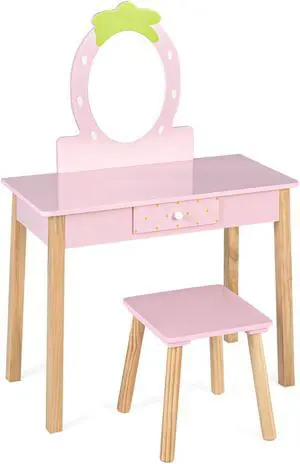 SlickBlue 2-in-1 Children Vanity Table Stool Set with Mirror-Pink