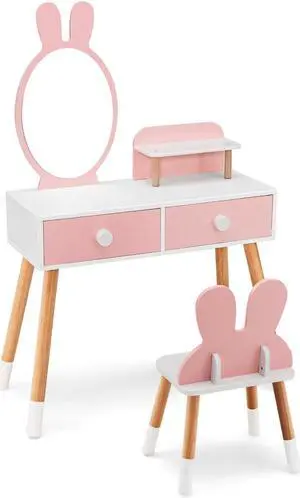 SlickBlue Kids Vanity Table and Chair Set with Drawer Shelf and Rabbit Mirror-Pink