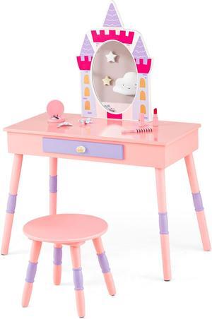 SlickBlue Kids Princess Vanity Table and Stool Set with Drawer and Mirror-Pink